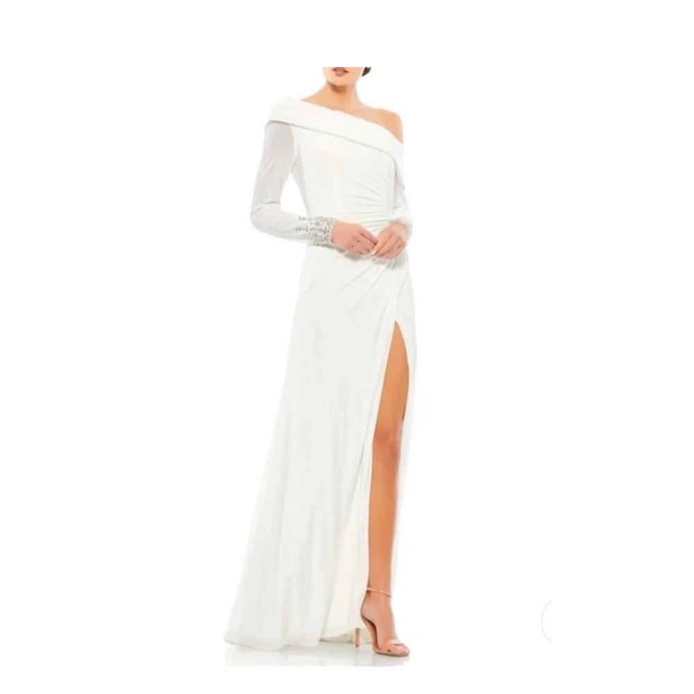 Mac Duggal White Off the Shoulder long Sleeve and thigh Slit Size 14 New